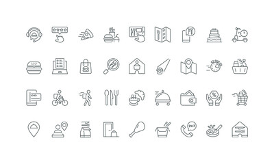 Menu to call, pay and order, takeaway fast food bag thin black and red outline symbols vector illustration Food delivery to door by courier, pizza and noodles box, sushi and cake line icon set.