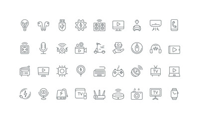 Robot vacuum cleaner, drone and action camera, smart plug thin black and red outline symbols vector illustration Tech gadgets and equipment, headphones and speakers, smartphone, laptop line icon set.