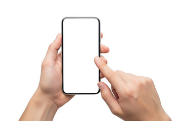 Person holding smartphone with blank screen and finger interaction on black transparent background