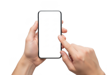 Person holding smartphone with blank screen and finger interaction on black transparent background