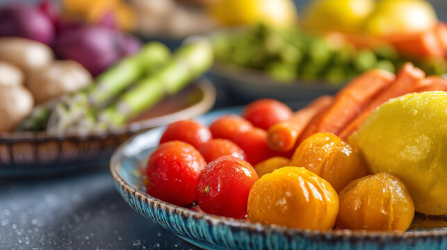 A close up of plates filled with fresh vegetables including tomatoes lemons and asparagus spears
