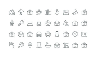 Key of owner, insurance protection, energy and water supply thin black and red outline symbol vector illustration Home management, cleaning and repair service, family property, location line icon set.