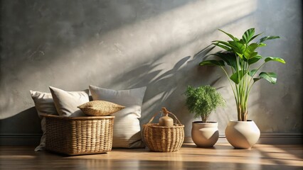 Serene Interior Design with Natural Textures and Sunlight Illuminating Woven Baskets, Cushioned Pillows, and Lush Potted Plants
