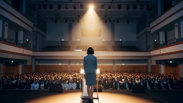 Woman speaker on stage addressing large audience in auditorium spotlight motivational speech