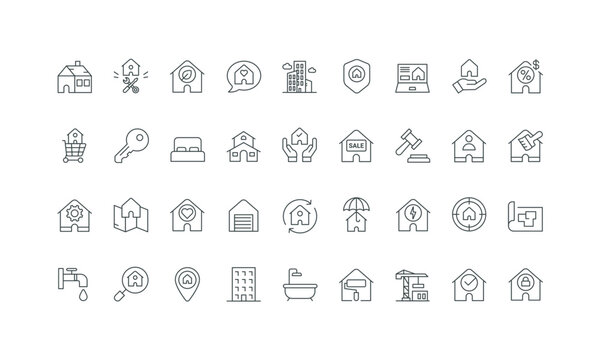 Key of owner, insurance protection, energy and water supply thin black and red outline symbol vector illustration Home management, cleaning and repair service, family property, location line icon set.