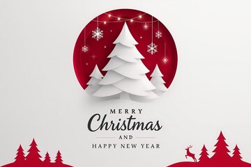 Minimalist Christmas Tree Paper Cut Style on Red Background