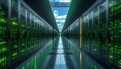 Endless server room with green lights reflecting on the floor and a view of the sky through a ceiling window