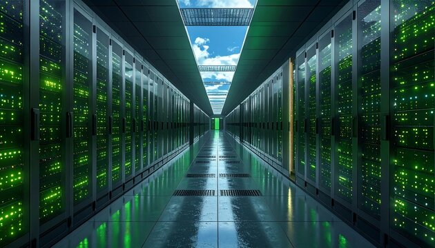 Endless server room with green lights reflecting on the floor and a view of the sky through a ceiling window