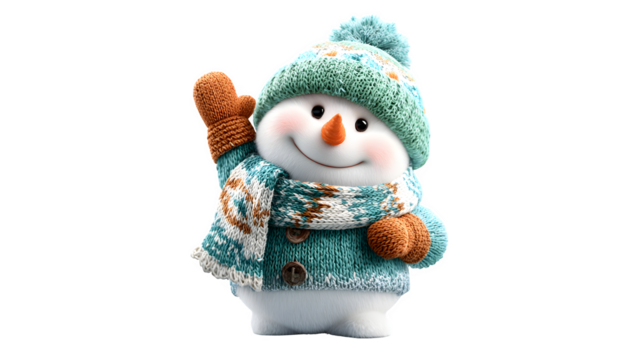 Cute snowman in winter clothes smiling and waving isolated on white background - Powered by Adobe