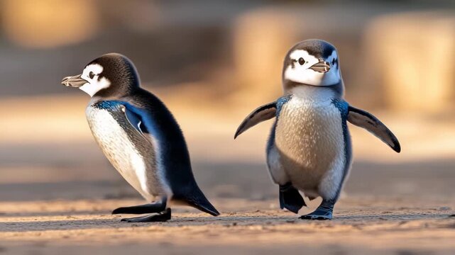Young penguins waddle and explore their sandy environment, displaying playful behaviors and interactions under a bright sky