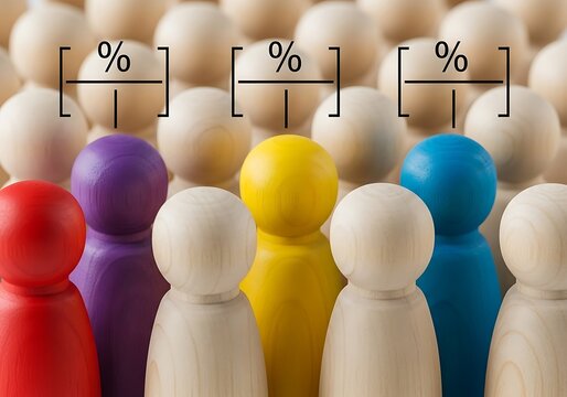 Group of wooden figures with percentage symbols above them, representing financial concepts or data analysis