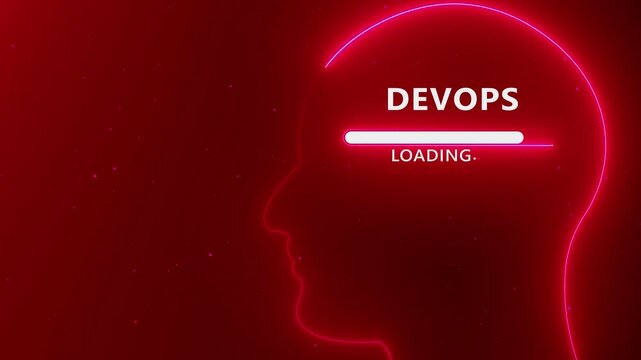 Neon outline of a human head profile with the word DEVOPS and a loading bar inside on a dark red background with glowing particles
