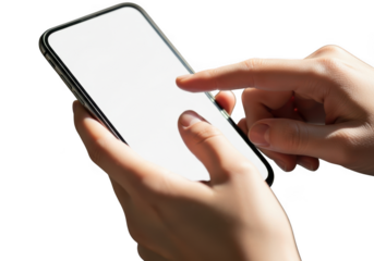 Close up hands interacting with blank smartphone screen in sunlight transparent background