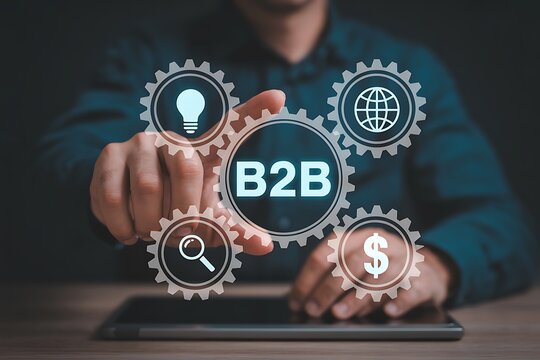 B2B Digital Interface with Icons on Blue Background.