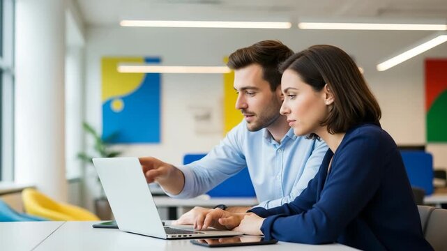 Business professionals collaborating on laptop in modern office team meeting discussing project