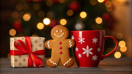 Cozy christmas scene with a gingerbread man gift box and red mug against a blurred festive tree background