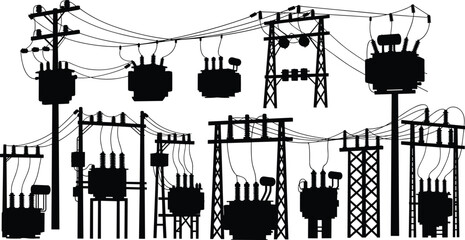 Silhouette vector illustration of electrical transformers and power distribution structures—voltage system, utility pole network, substation layout, energy grid infrastructure