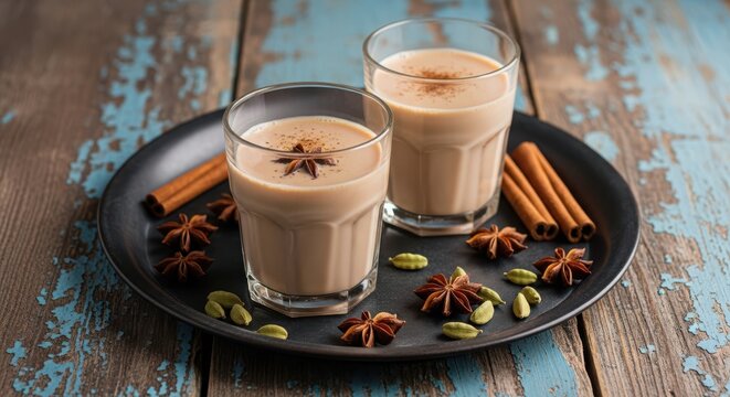 Two Glasses of Chai Tea with Cinnamon Sticks and Star Anise on a Tray beverage drink