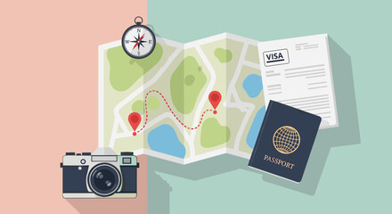 Travel map with icons, passport, and visa for travel planning and adventure documentation