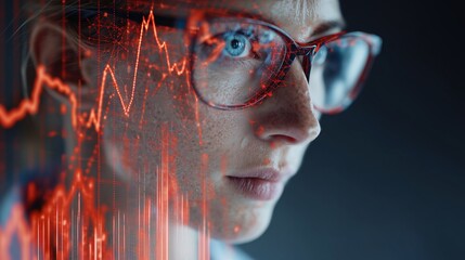 A woman examines a dynamic display of red heartbeat graphs in a modern healthcare setting. The heartbeat graphs illustrate vital signs, serving a vital role in patient monitoring.