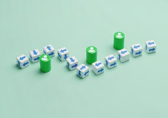 Blocks with arrows and green cylinders with person icon, representing teamwork, collaboration, and leadership in a project