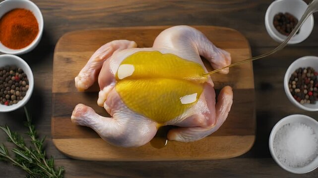 Whole fresh raw chicken breast?up on rustic wooden cutting board surrounded by herbs and spices, overhead culinary preparation scene