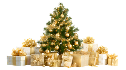 Decorated Christmas tree surrounded by wrapped gifts and golden lights isolated on white background