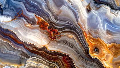 Fototapeta premium Abstract, close-up texture of polished Syenite or Agate slab. The surface features dramatic, flowing waves of color, including rich browns, oranges, gray, and white, perfect for luxury interior design