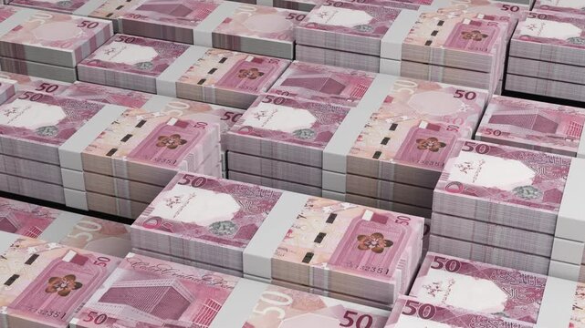 Qatar 50 Riyal Banknote Horizontal 3D Animation ? Realistic Money Flow, Finance, Business Investment, Economy, Banking, and Currency Exchange Visualization in Motion