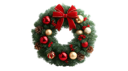 Decorated Christmas wreath with red bow and ornaments isolated on white background