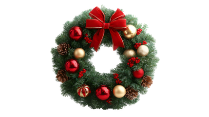 Decorated Christmas wreath with red bow and ornaments isolated on white background