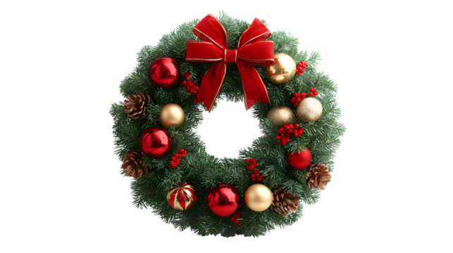 Decorated Christmas wreath with red bow and ornaments isolated on white background