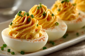 Deviled eggs on white plate topped with yellow scrambled egg, red paprika, green chives. Concept of delicious stuffed eggs with creamy filling, bright colors, vibrant presentation.