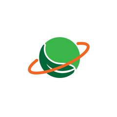 Eco planet logo design with green globe and orange orbit, sustainable earth and environment concept
