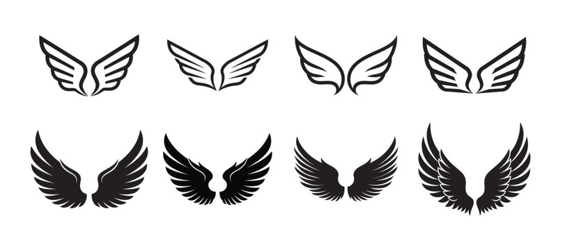 Collection of Open Wings Icons Black Silhouette and Outline Graphics of Freedom, Flight, and Aviation Emblems.