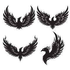 Phoenix Bird Logo Set Mythological Firebird, Eagle, and Falcon Emblems with Flames and Open Wings.