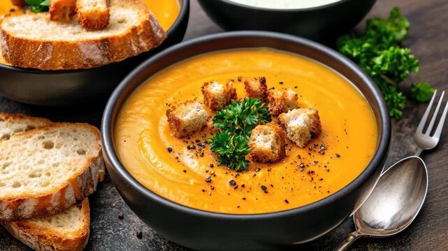 Watch a simple recipe for creamy pumpkin soup served with crusty bread and herbs, perfect for a cozy dinner or lunch at home