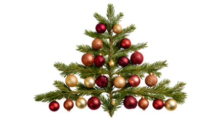 Decorated spruce branches arranged in the shape of a Christmas tree with ornaments isolated on white background