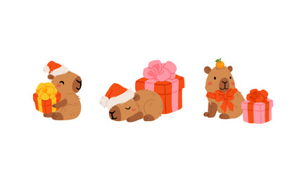 Cute Christmas capybara sticker set. cozy festive vector illustration with Santa capybara, snowman, cocoa mug, gift box, sleigh, cookies and lights. adorable kawaii animal collection for winter design