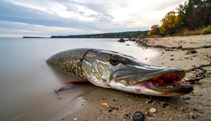 Large Northern Pike Fish Washed Ashore on a Sandy Lake Shoreline.