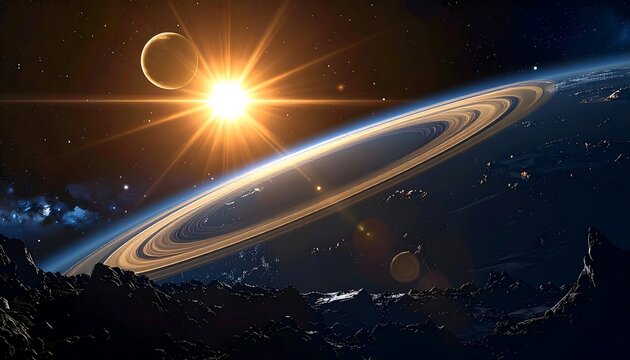 Dramatic outer space scene planet rings, bright sun, smaller moons, dark rocky terrain - Powered by Adobe