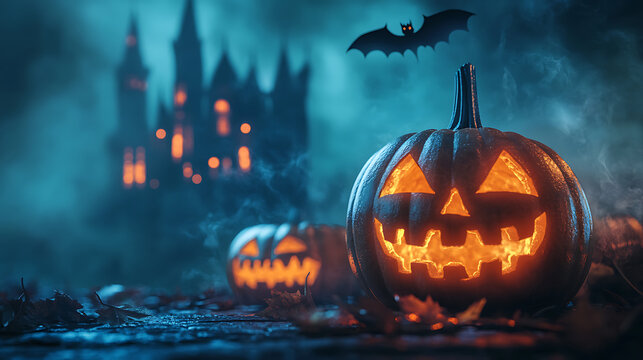 Halloween pumpkins with a haunted house and a bat in the background - Powered by Adobe