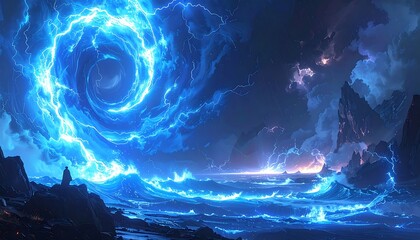 Epic seascape with swirling blue energy vortex over a raging sea near rocky cliffs under a stormy sky
