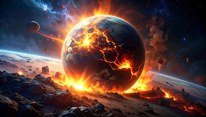 Dramatic planetary collision, bursting with fiery energy in a cosmic scene, with debris and other planetary bodies visible