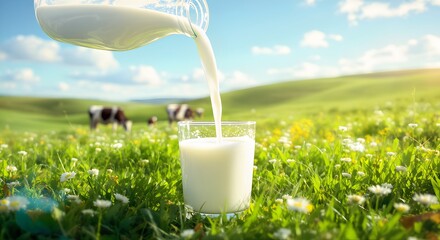 Fresh milk being poured into a glass on a sunny green meadow with cows grazing in the background creating a natural dairy farm freshness and healthy lifestyle concept