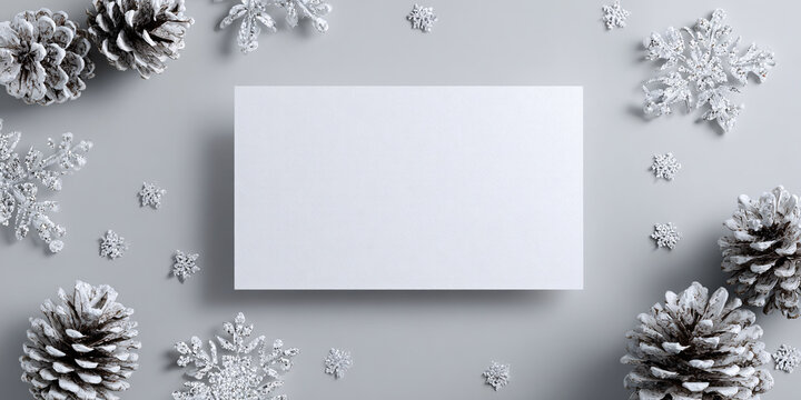 Elegant Christmas card mockup with silver snowflakes and pine cones on gray background Festive winter holiday season greeting card template for invitation - Powered by Adobe