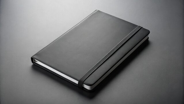 A Closed Black Notebook with Elastic Closure Resting on a Dark Surface