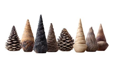 Decorative cones collection arranged aesthetically isolated on white background