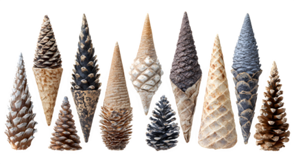 Decorative cones collection arranged aesthetically isolated on white background