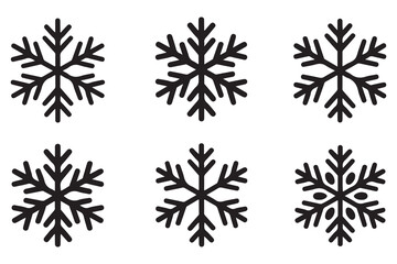 Snowflake silhouette black icon set isolated on white background, simple winter holiday and cold season symbol collection illustration

